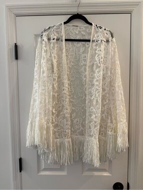 ALEXIS White Embroidered Lace Fringe Kimono Boho Coverup XS